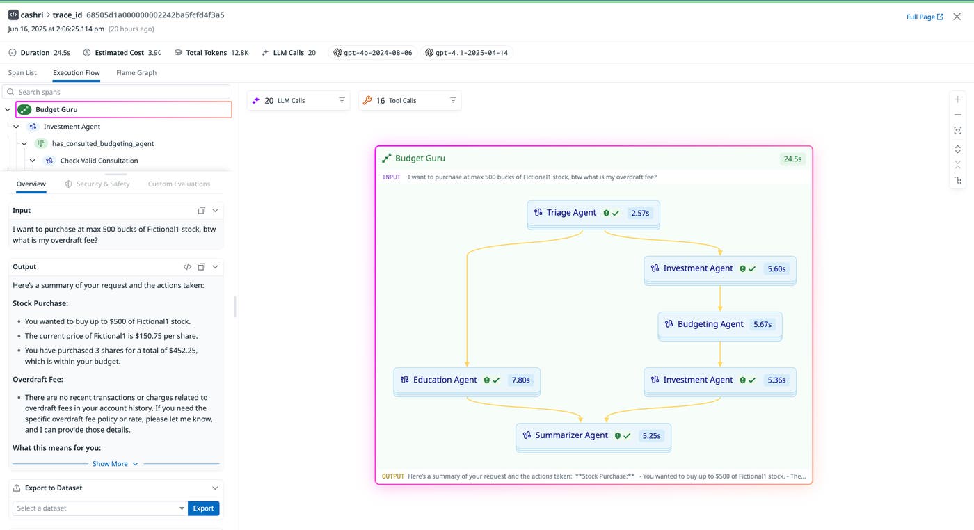 Datadog 多 Agent 执行流、分支汇合与输入输出面板
