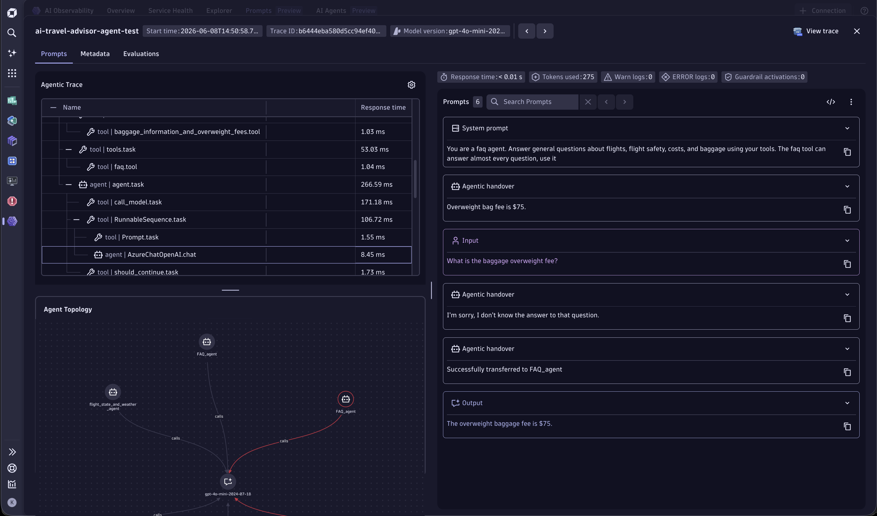 Dynatrace 单次 Agent 执行中的调用层级、拓扑和消息详情